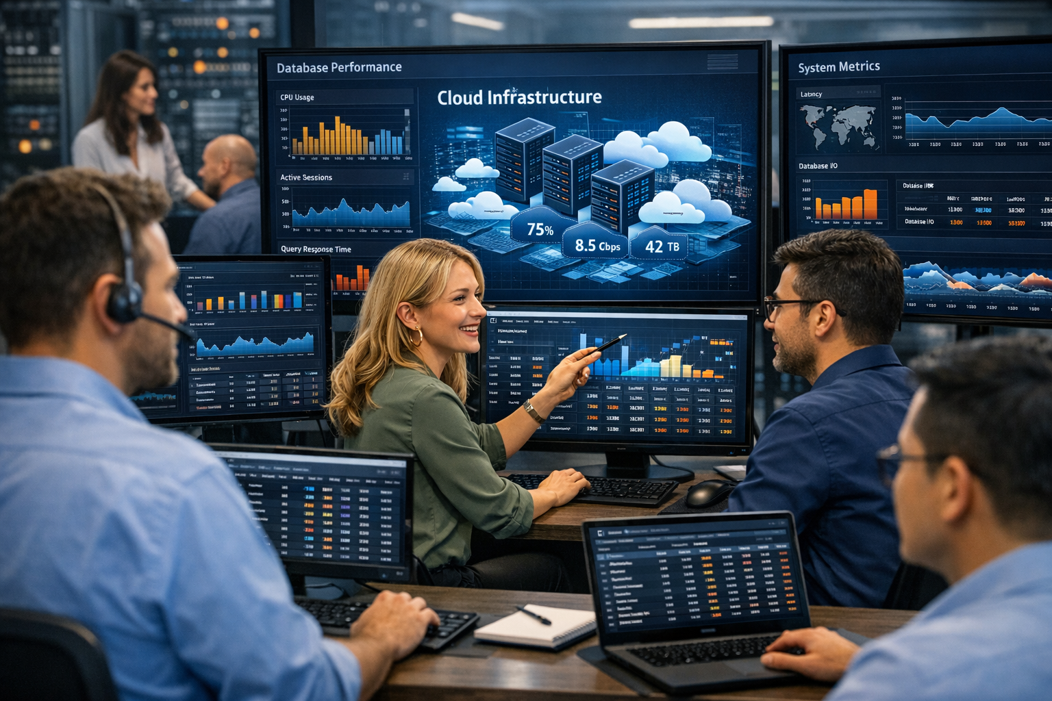 Consultoria DBA Oracle e cloud analisando performance de banco de dados corporativo em ambiente técnico com múltiplos monitores.