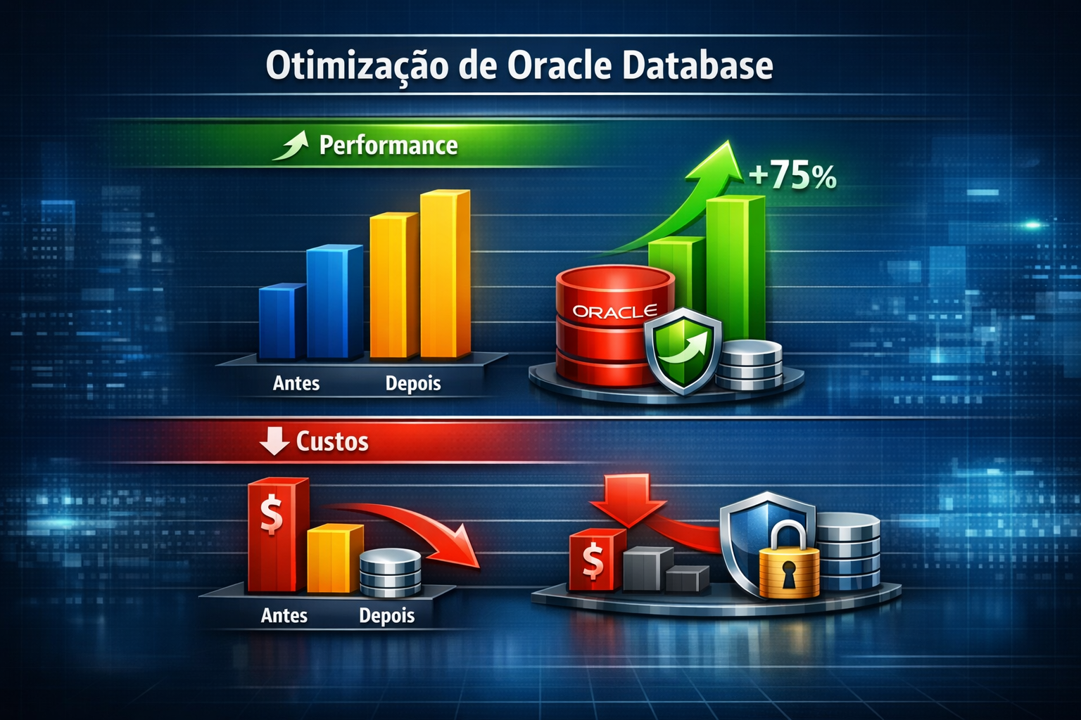 Gráfico comparativo de performance e custos antes e depois da otimização de Oracle Database.