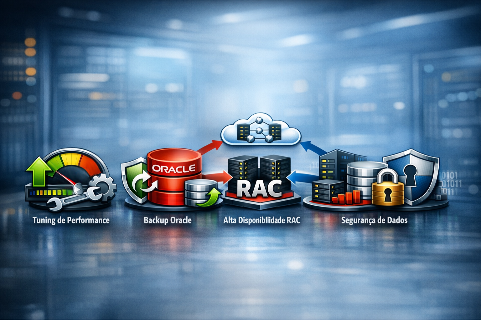 Ícones tecnológicos Oracle com fundo corporativo azul, ilustrando performance tuning, backup, alta disponibilidade RAC e segurança de dados.
