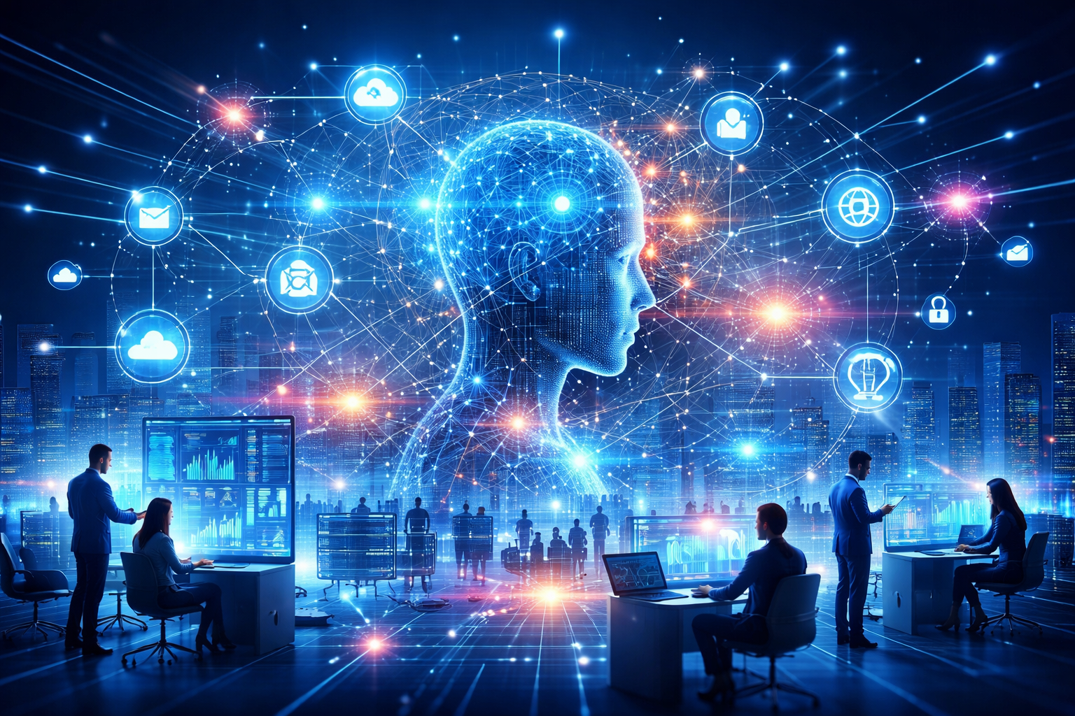 Representação futurista da Inteligência Artificial conectando pessoas, dados e sistemas digitais.