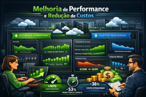 Dashboard corporativo com profissionais analisando melhoria de performance e redução de custos em sistemas de TI.