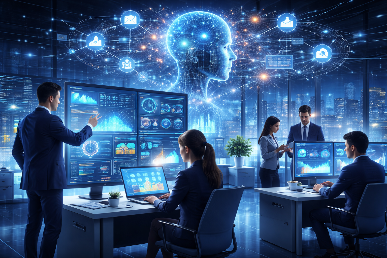 Profissional interagindo com Inteligência Artificial em ambiente de trabalho digital.