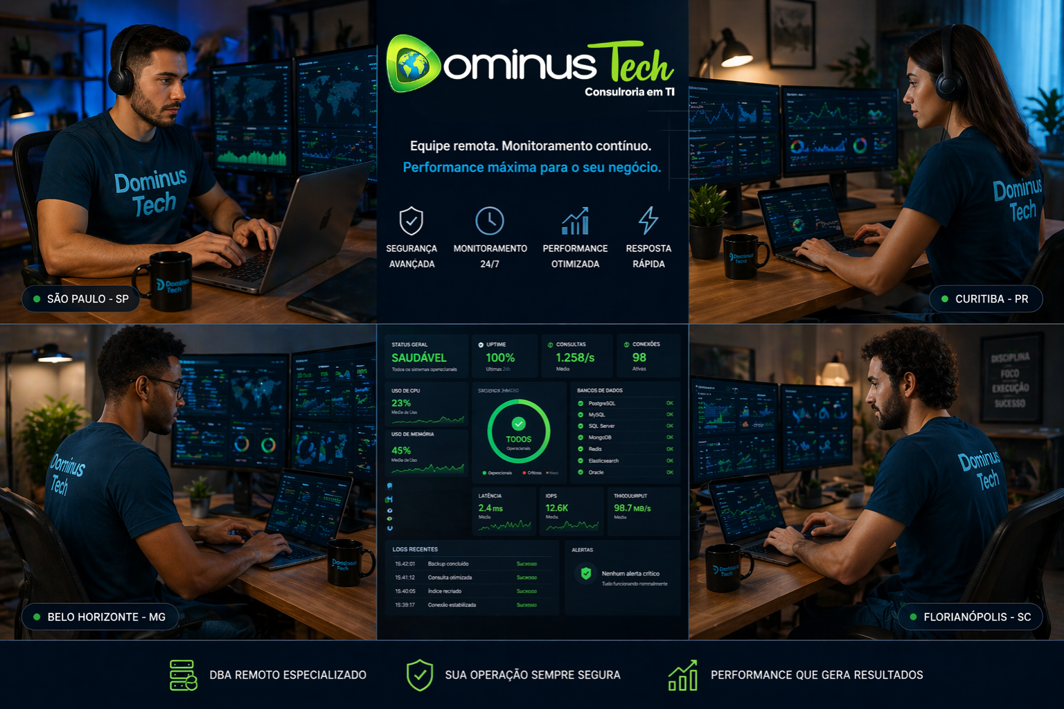 Equipe remota da Dominus Tech composta por diferentes profissionais trabalhando em múltiplos ambientes, todos vestindo camiseta azul petróleo com “Dominus Tech” em azul claro, analisando métricas e dashboards em tempo real em notebooks e monitores.