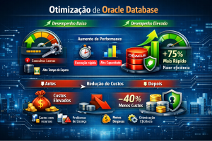 Gráfico corporativo 16:9 de otimização Oracle Database mostrando melhoria de performance e redução de