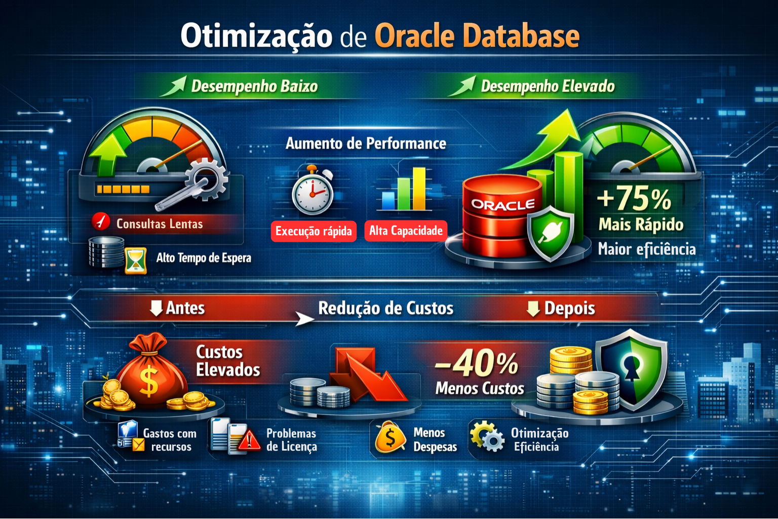 Gráfico corporativo 16:9 de otimização Oracle Database mostrando melhoria de performance e redução de