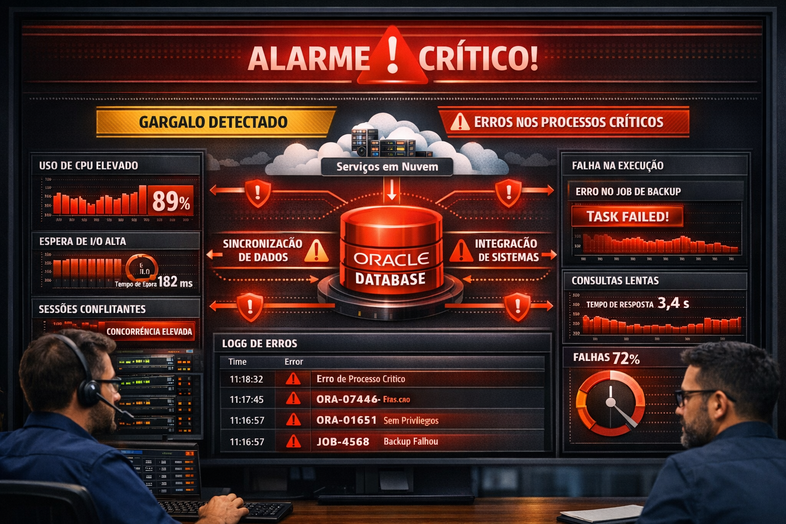 Painel de monitoramento de Oracle Database com alertas de performance, gargalos e falhas em execução de processos críticos.