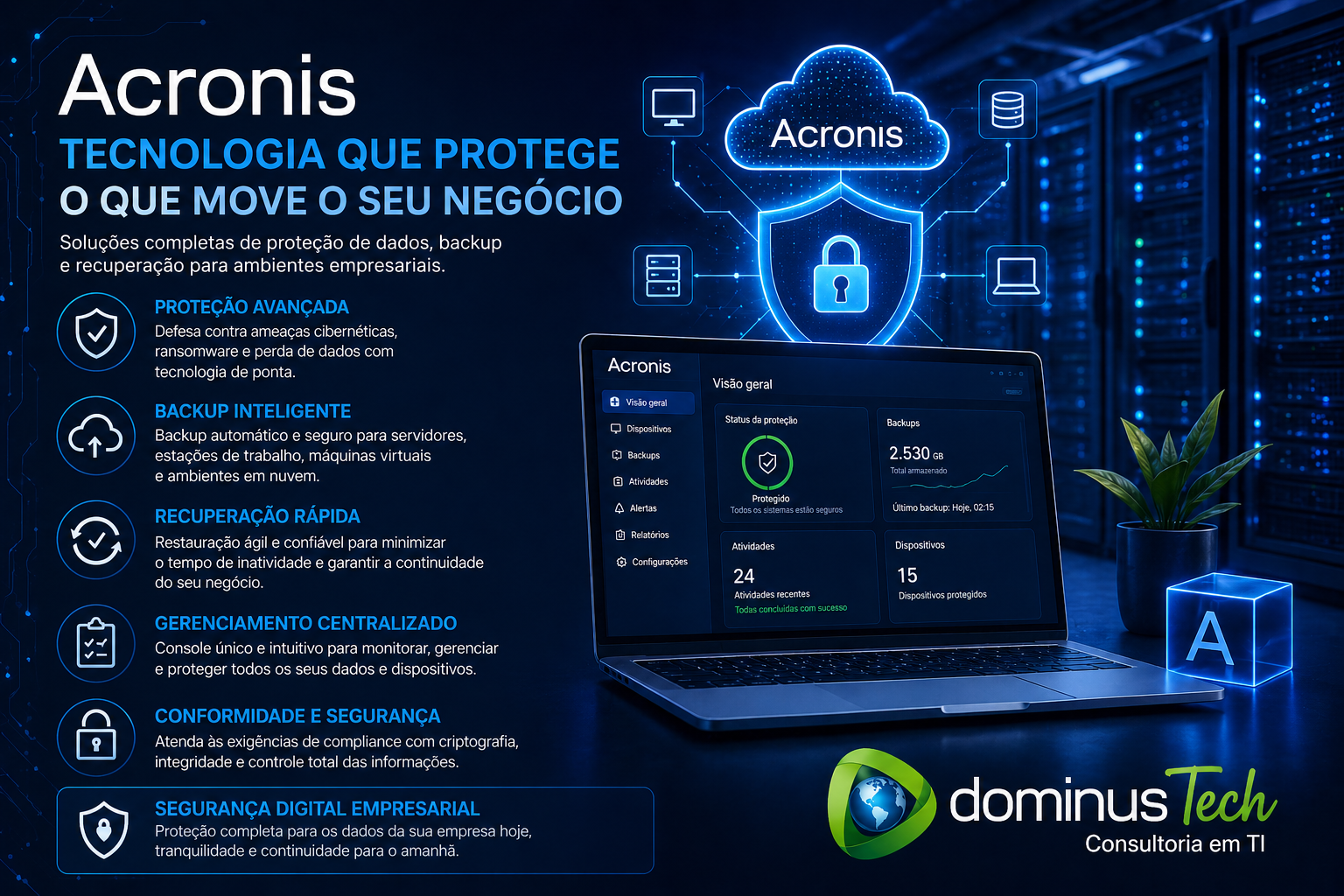 Segurança digital empresarial com tecnologia Acronis implementada pela Dominus Tech para backup e proteção de dados