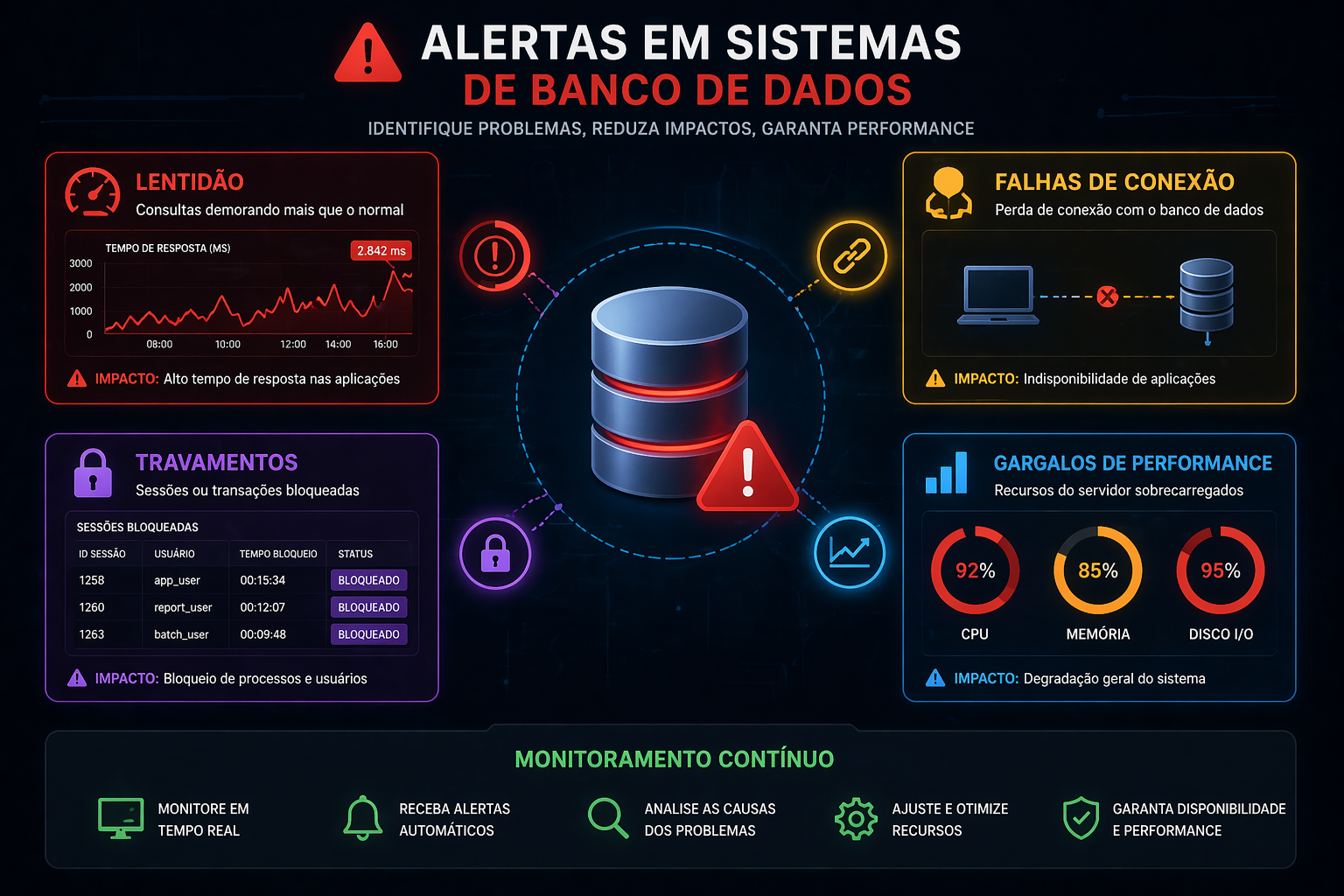 Ilustração de alertas em sistema de banco de dados mostrando lentidão, falhas de conexão, travamentos e gargalos de performance com dashboards em tempo real.