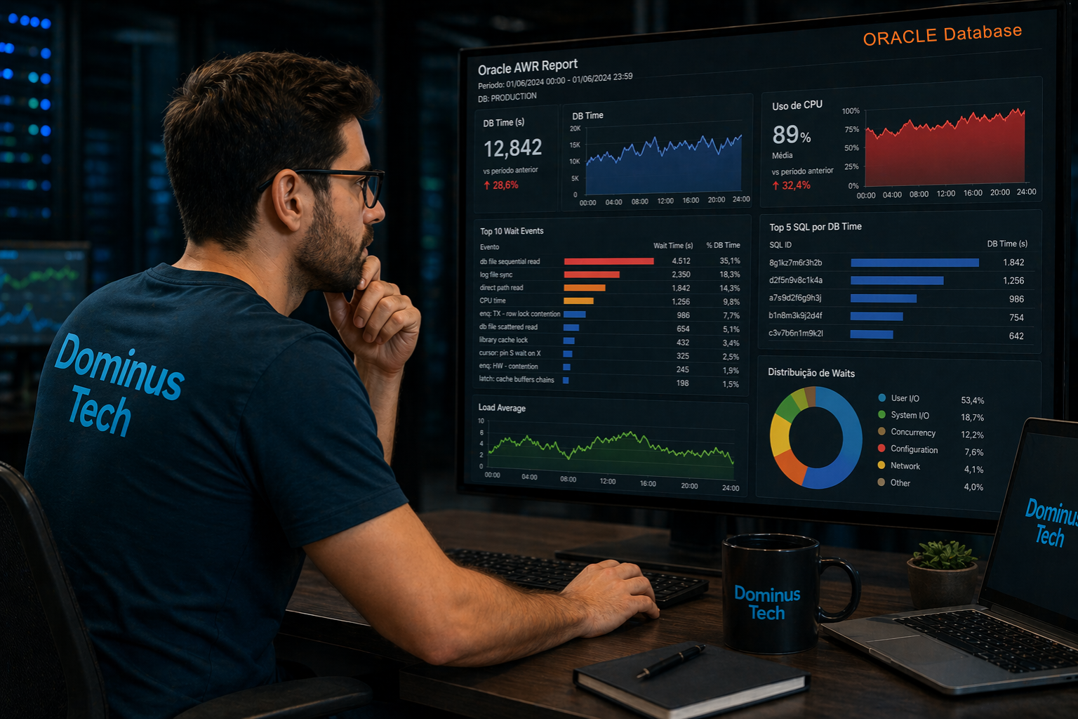 Profissional da Dominus Tech analisando relatório AWR Oracle com gráficos de wait events e alto uso de CPU em ambiente de monitoramento