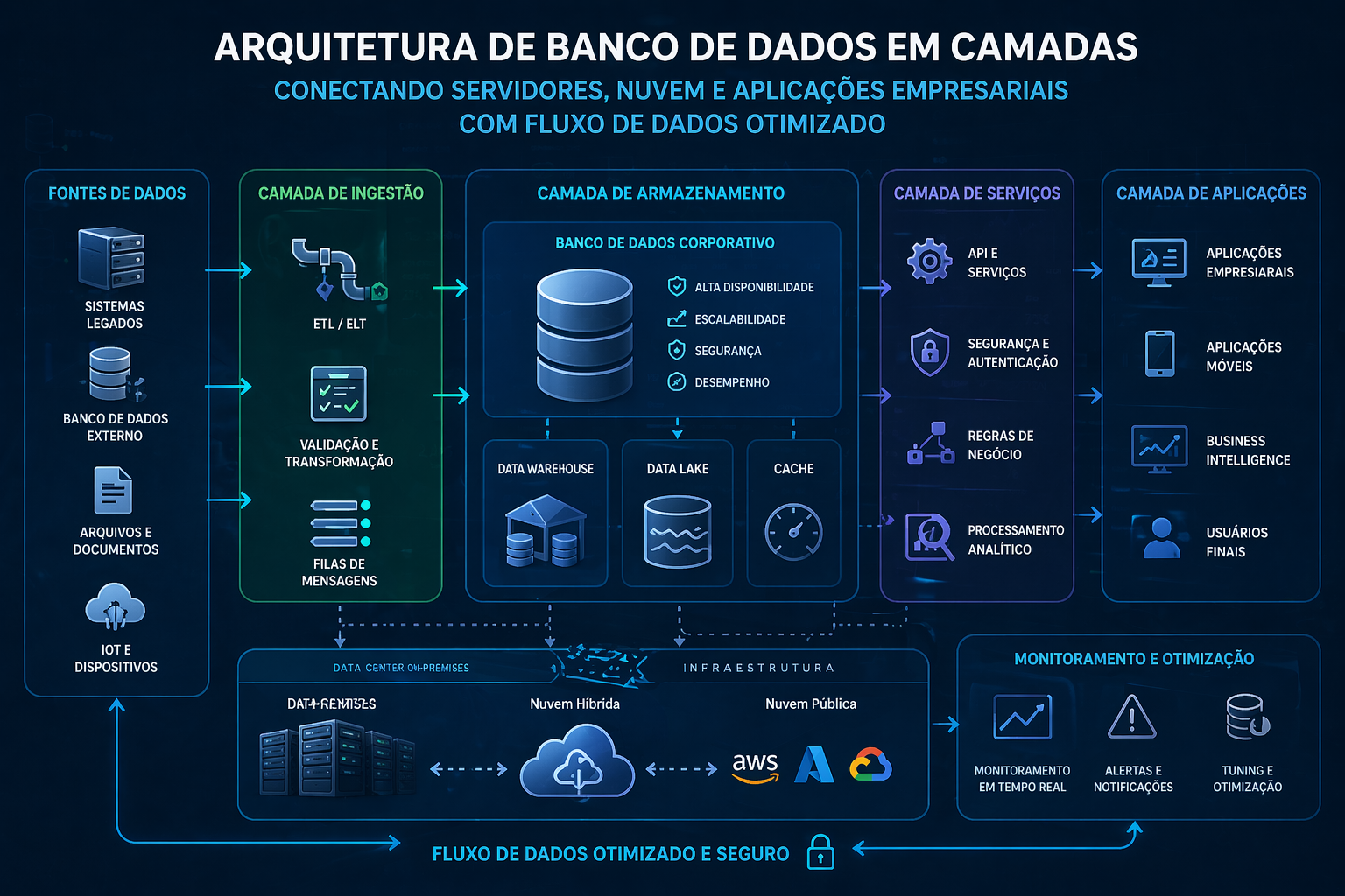 Diagrama de arquitetura de banco de dados em camadas conectando servidores, nuvem e aplicações empresariais com fluxo de dados otimizado e seguro.
