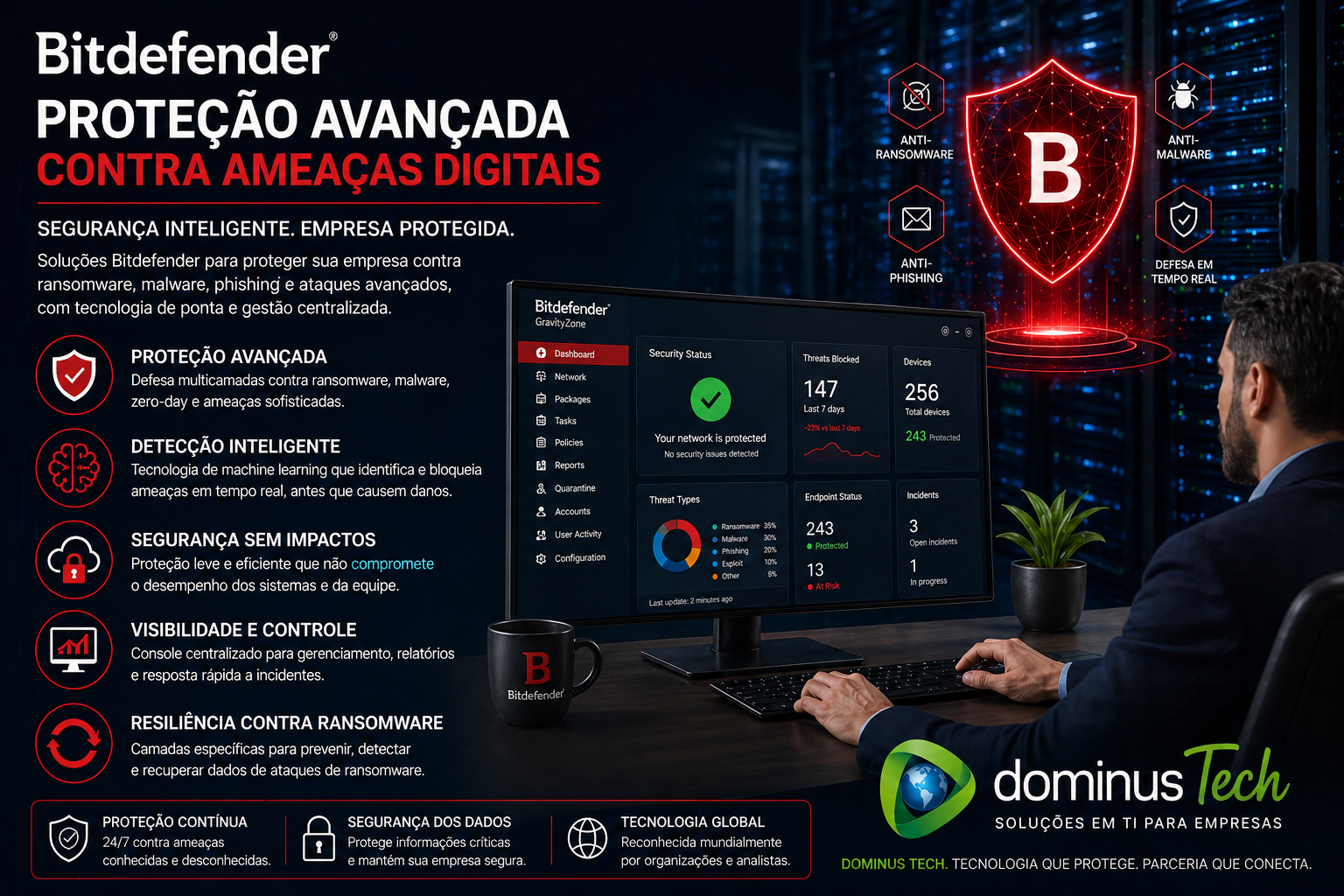 Bitdefender proteção avançada contra ameaças digitais com segurança empresarial implementada pela Dominus Tech