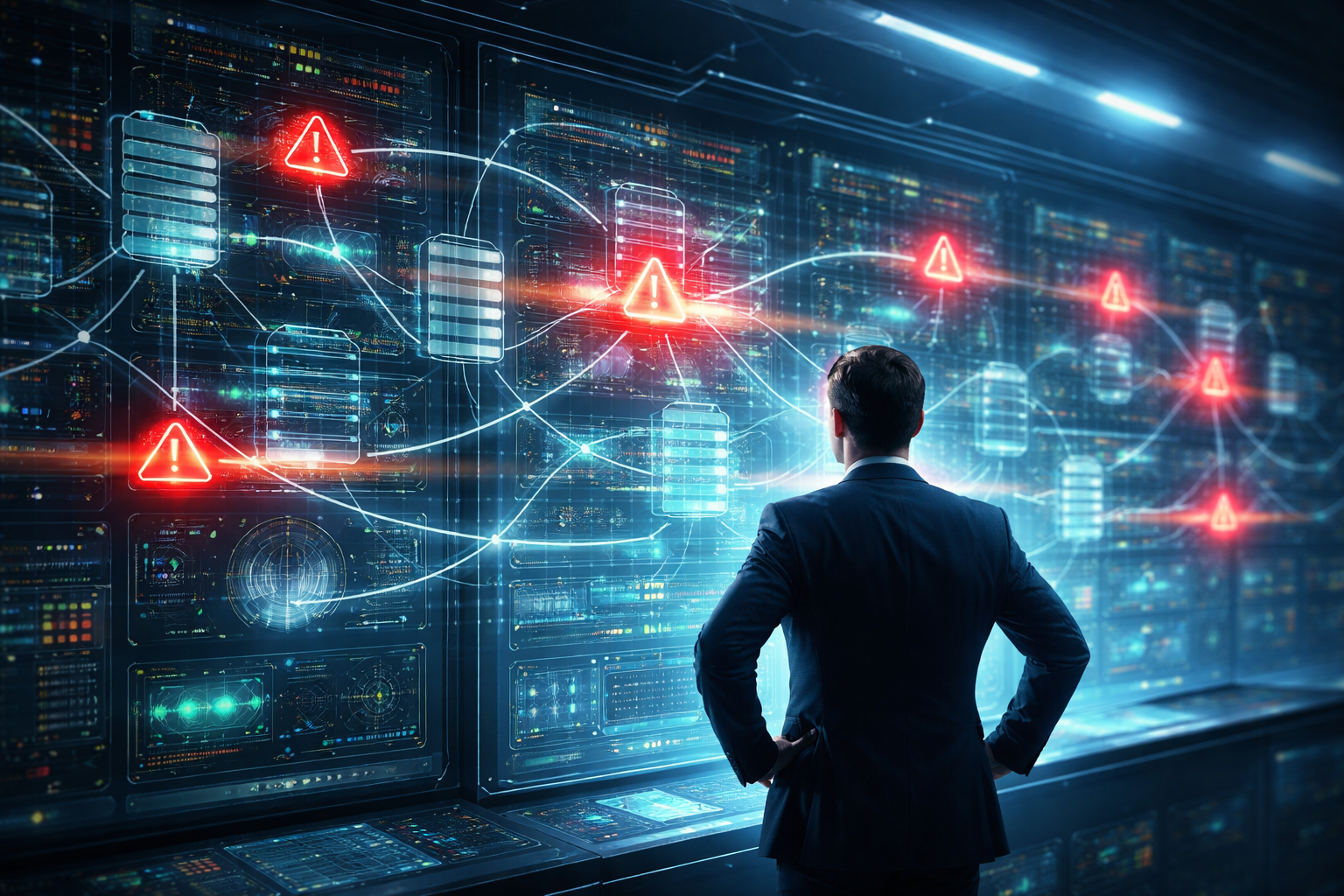 modernização de sistemas para IA - CIO analisando painel holográfico com sistemas conectados, bancos de dados e alertas de gargalos em vermelho