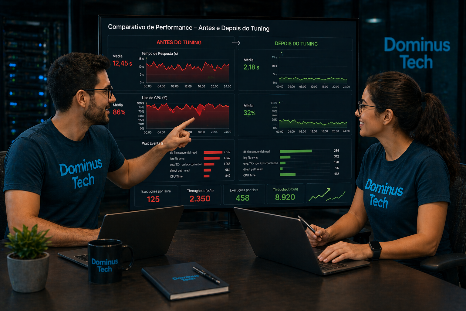Dois profissionais da Dominus Tech analisando gráficos comparativos de performance de banco de dados antes e depois do tuning em tela com métricas de CPU e tempo de resposta