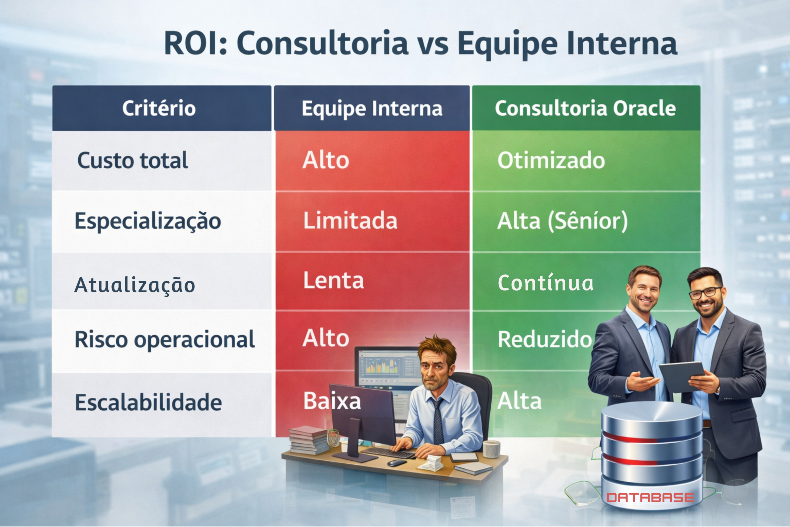 Comparação de ROI entre equipe interna e consultoria Oracle mostrando redução de custos, maior especialização e escalabilidade