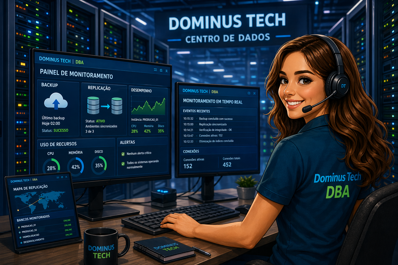 DBA da Dominus Tech monitorando banco de dados em datacenter com dashboards de backup, replicação e desempenho em tempo real