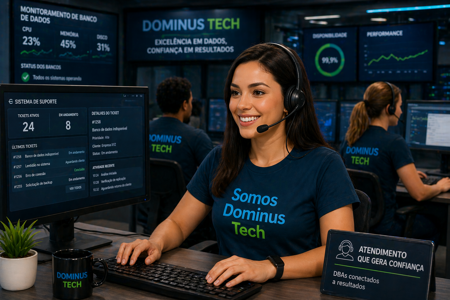 Analista DBA da Dominus Tech com headset atendendo cliente enquanto monitora sistema de suporte e banco de dados