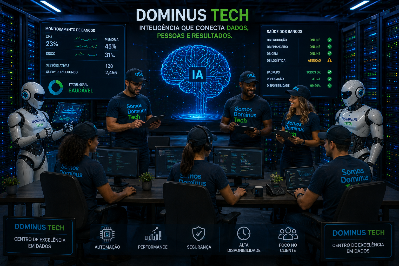 Equipe DBA da Dominus Tech utilizando inteligência artificial para monitoramento de banco de dados, automação, performance e alta disponibilidade em datacenter corporativo.
