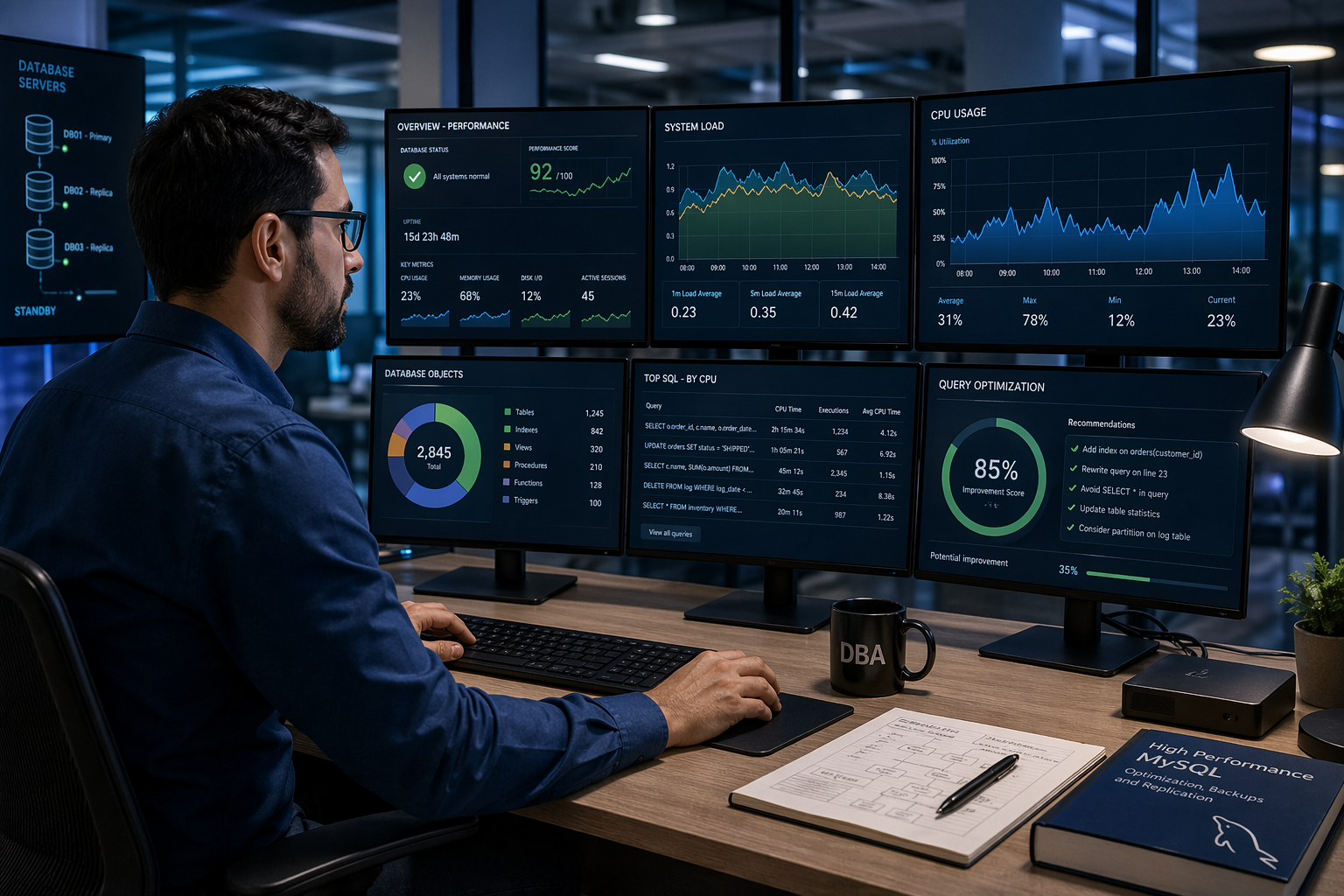 Profissional DBA analisando dashboards de performance de banco de dados em múltiplos monitores com gráficos de CPU, carga e otimização de queries.
