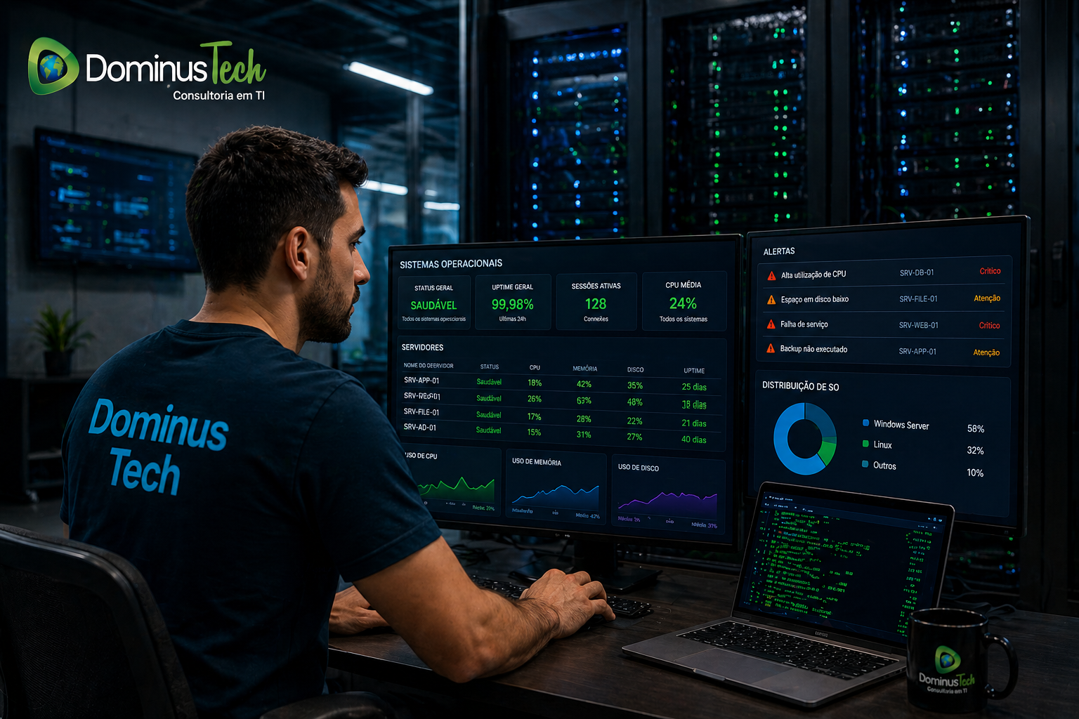 Profissional da Dominus Tech analisando servidores em ambiente corporativo moderno, utilizando camiseta azul petróleo com nome em azul claro, enquanto monitora dashboards de sistemas operacionais com métricas e alertas em tempo real.