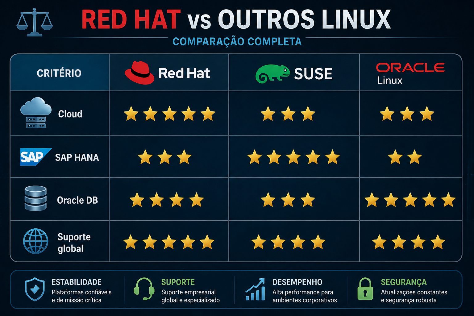 Tabela comparativa da Dominus Tech entre Red Hat, SUSE e Oracle Linux, destacando desempenho em cloud, SAP HANA, banco de dados e suporte global, com ênfase em SUSE para banco de dados.
