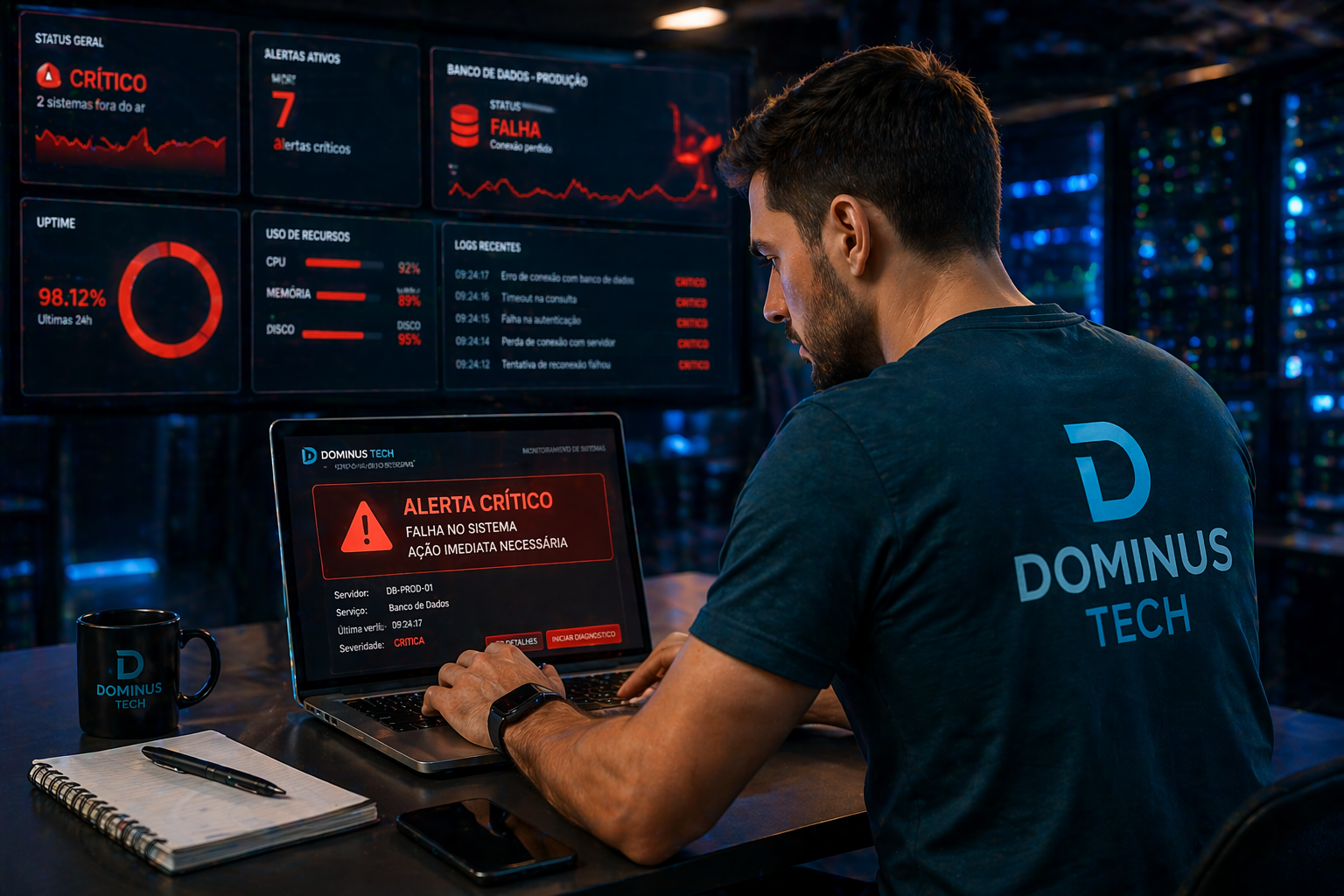 Profissional da Dominus Tech analisando alerta crítico em notebook com dashboard vermelho em ambiente de data center, atuação de DBA remoto