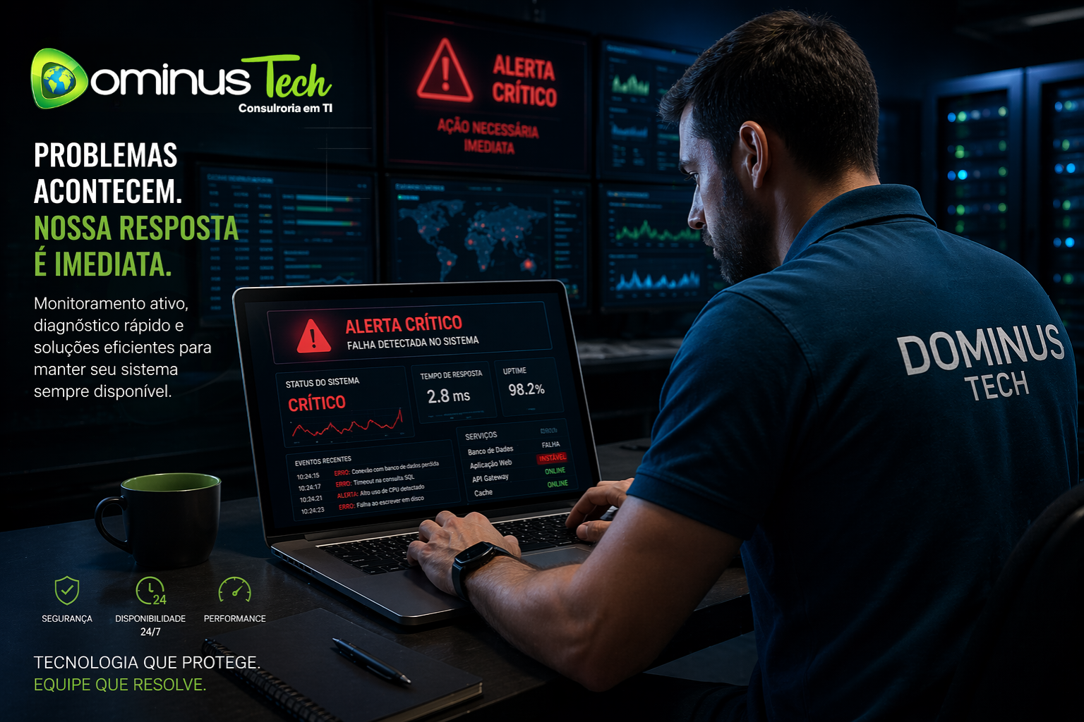 Profissional de TI da Dominus Tech usando camiseta azul petróleo analisa alerta crítico em notebook em ambiente de data center, com painéis de monitoramento ao fundo indicando falha no sistema e necessidade de ação imediata.