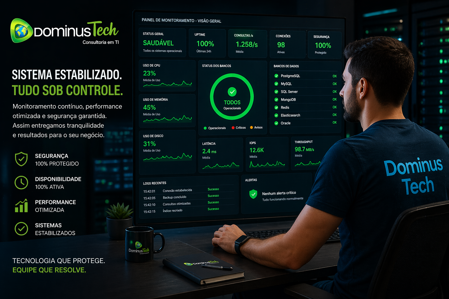 Profissional da Dominus Tech usando camiseta azul petróleo com “Dominus Tech” em azul claro observa painel de monitoramento com todos os indicadores em verde, representando sistema estável e sob controle.