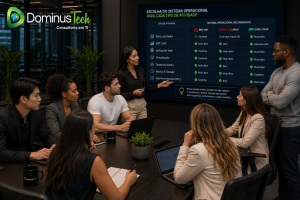 Equipe Dominus Tech escolhendo sistema operacional para banco de dados em ambiente corporativo com análise de desempenho.