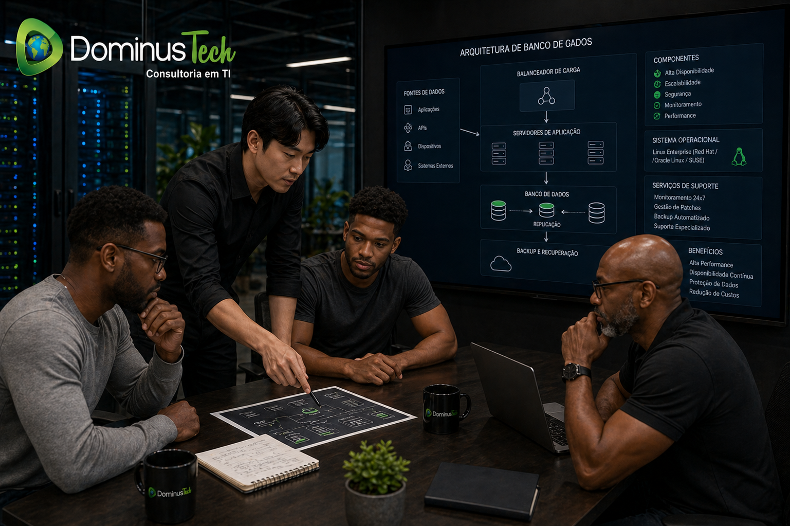 Equipe Dominus Tech planejando arquitetura e sistema operacional para banco de dados em ambiente corporativo de alta performance