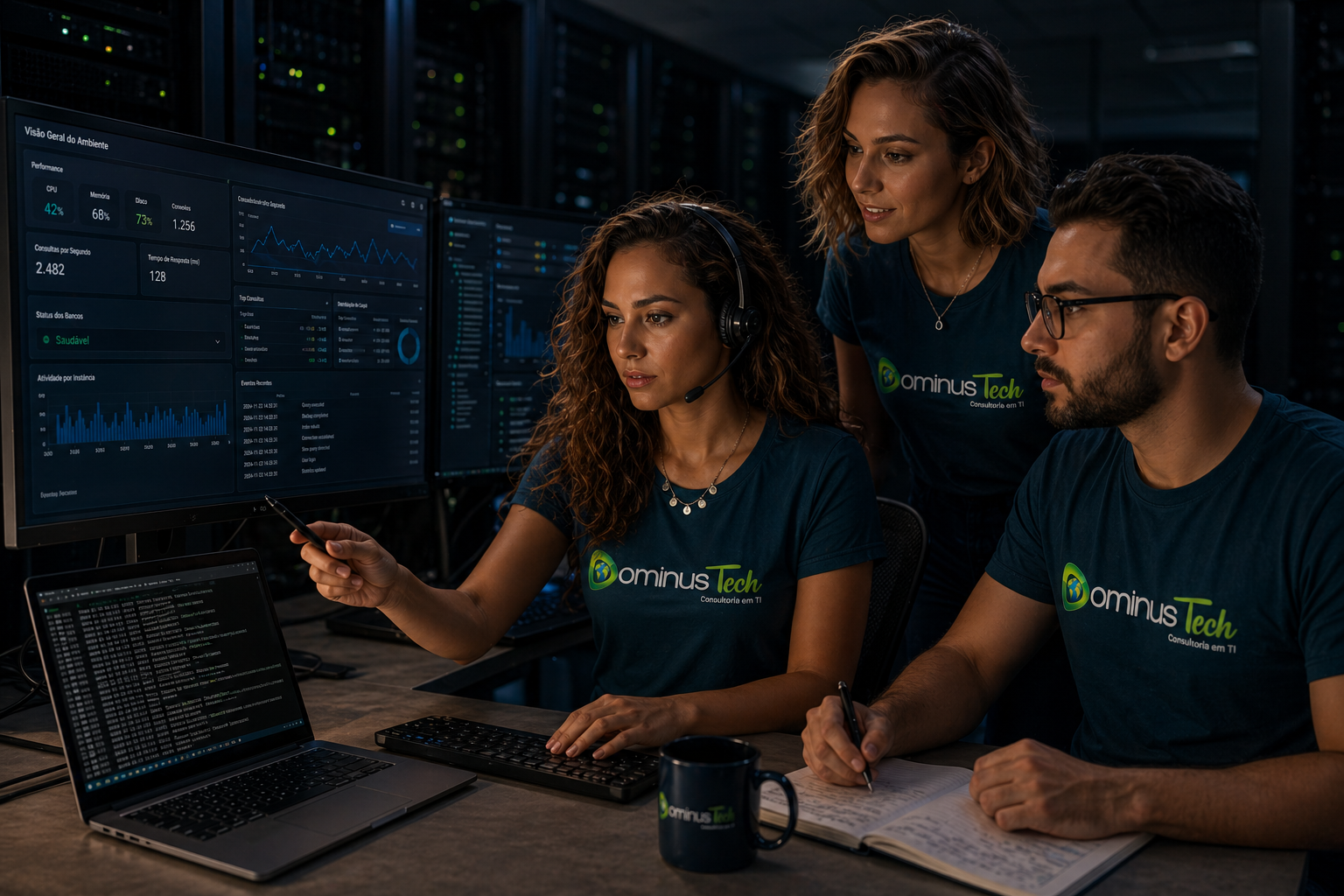 Equipe da Dominus Tech analisando dashboards em data center demonstrando o conceito ferramenta vs DBA na gestão de bancos de dados.
