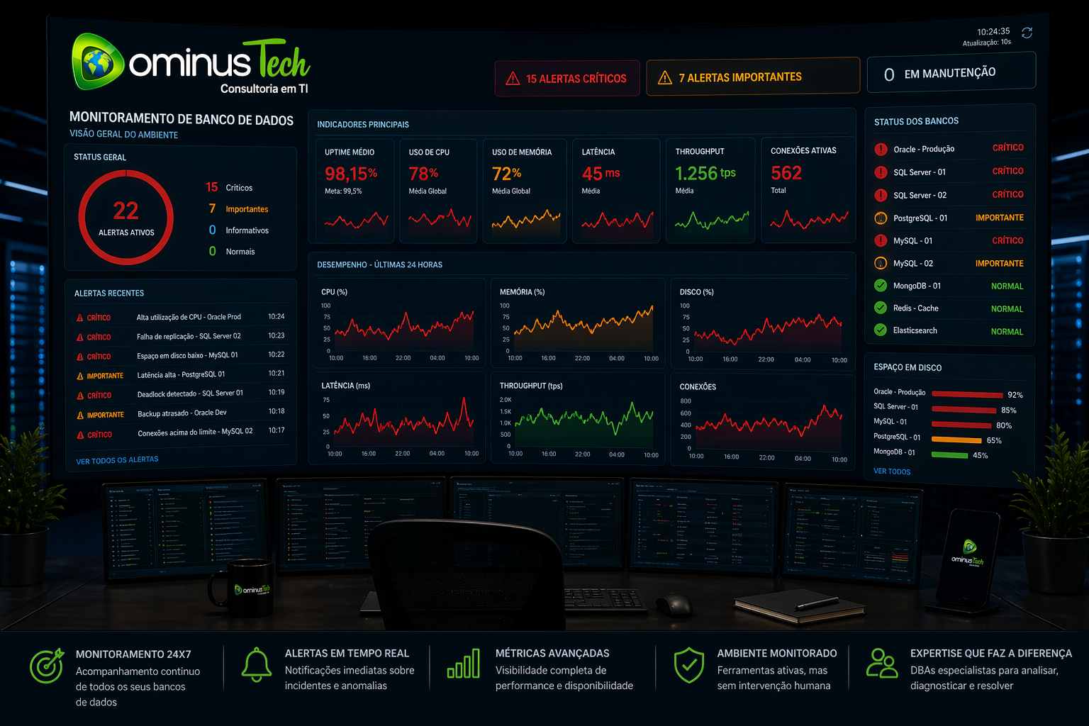 Dashboard de monitoramento de banco de dados da Dominus Tech exibindo múltiplos alertas e gráficos de performance sem intervenção humana, representando cenário de ferramenta vs DBA.