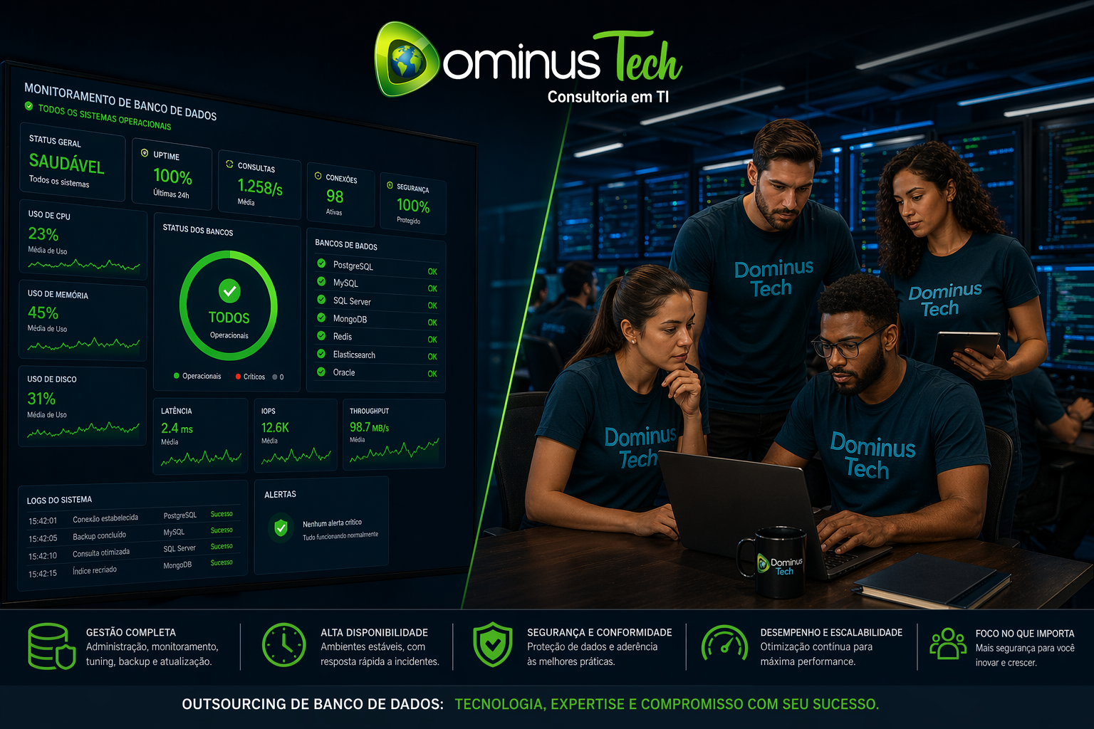 Comparativo visual Dominus Tech entre dashboards automatizados de monitoramento e equipe de DBA analisando dados, destacando ferramenta versus DBA na gestão de banco de dados.