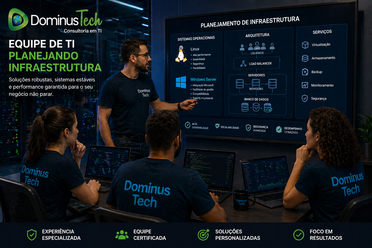 Equipe de TI da Dominus Tech planejando infraestrutura corporativa com foco em sistemas operacionais, analisando arquitetura, servidores e banco de dados em ambiente moderno.