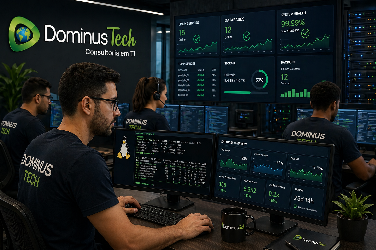 Equipe Dominus Tech monitorando servidores Linux para banco de dados em ambiente moderno com dashboards de performance em tempo real
