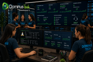 Equipe Dominus Tech com maioria feminina gerenciando servidores Linux para banco de dados em ambiente moderno com dashboards em tempo real