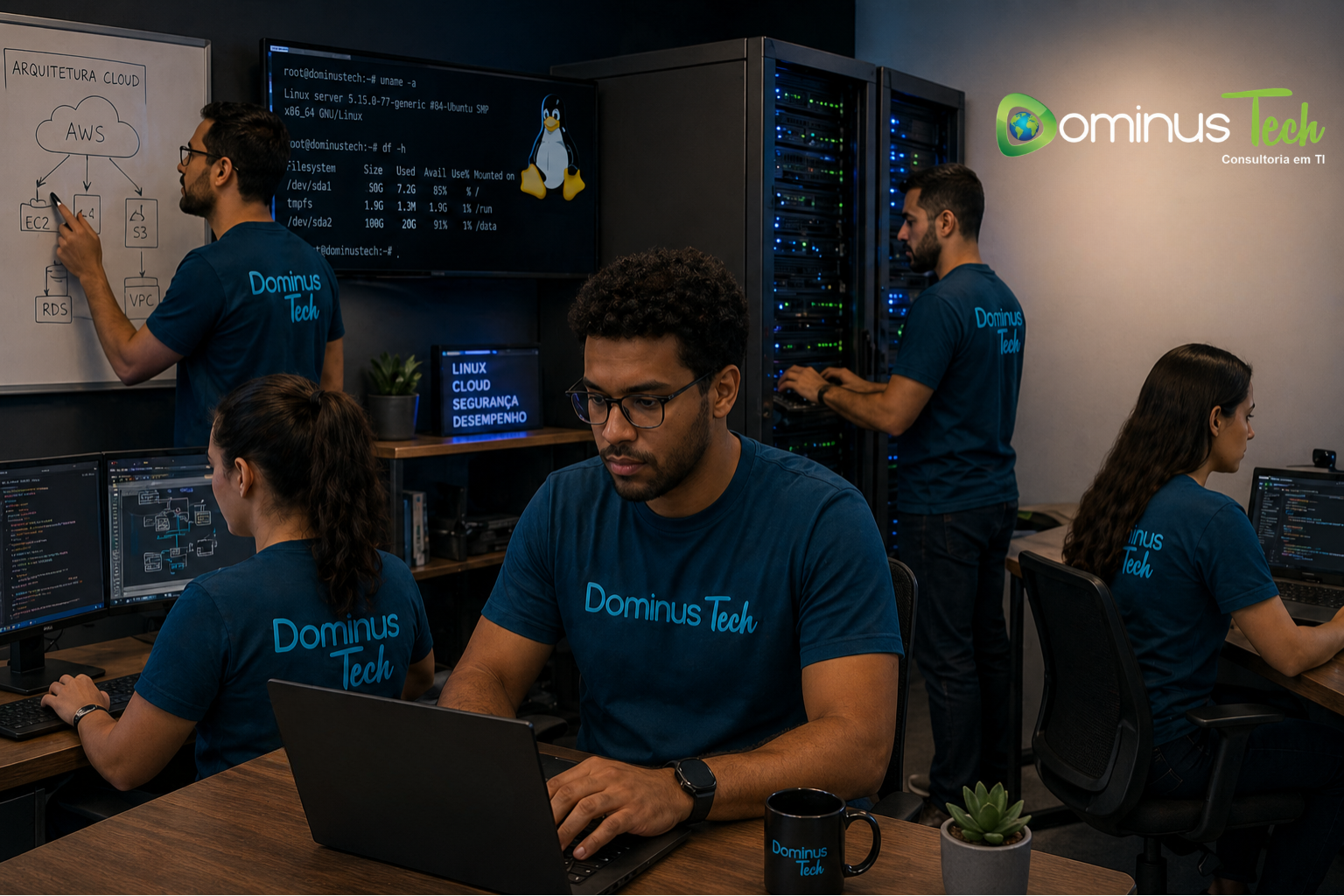 Equipe da Dominus Tech operando ambiente corporativo com servidores Linux e infraestrutura cloud, profissionais usando camisetas azul petróleo com logotipo da empresa, trabalhando em monitores com sistemas e racks de servidores ao fundo.