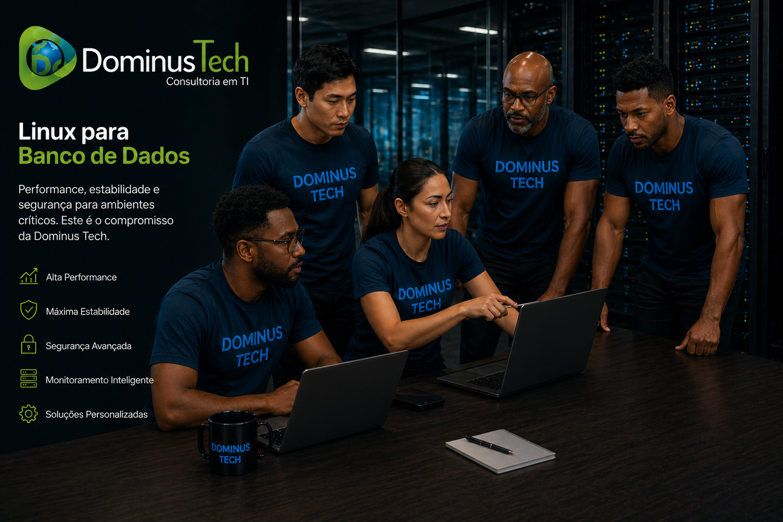 Equipe diversa de profissionais de TI da Dominus Tech analisando dados em laptops dentro de um data center moderno, com foco em soluções Linux para banco de dados, performance e segurança.