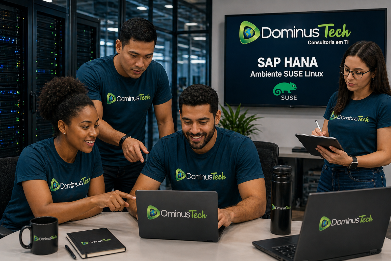 Equipe da Dominus Tech trabalhando com Linux para banco de dados em ambiente corporativo moderno, analisando servidores SAP HANA e infraestrutura SUSE Linux.