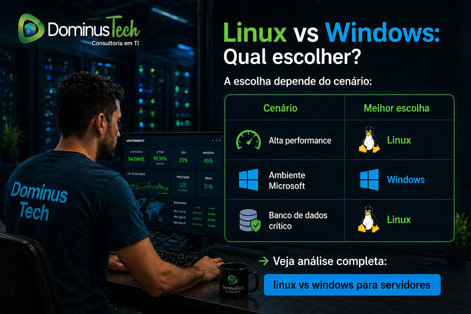 Comparativo estratégico entre Linux e Windows para ambientes corporativos, com foco em performance, compatibilidade e bancos de dados críticos.
