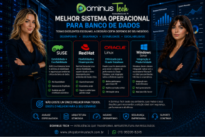 Dominus Tech | Qual o Banner da Dominus Tech apresentando comparação entre sistemas operacionais para banco de dados, incluindo SUSE, Red Hat, Oracle Linux e Windows Server, com destaque para desempenho, segurança, estabilidade e escalabilidade em ambiente de data center.