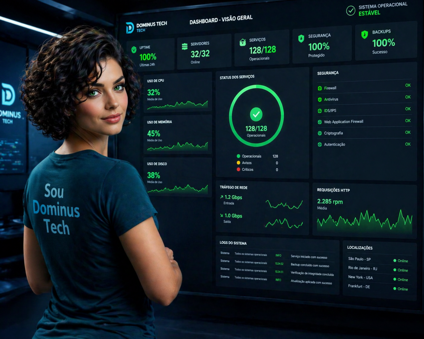 Profissional da Dominus Tech observando dashboard centralizado com indicadores verdes de monitoramento de banco de dados em ambiente tecnológico moderno
