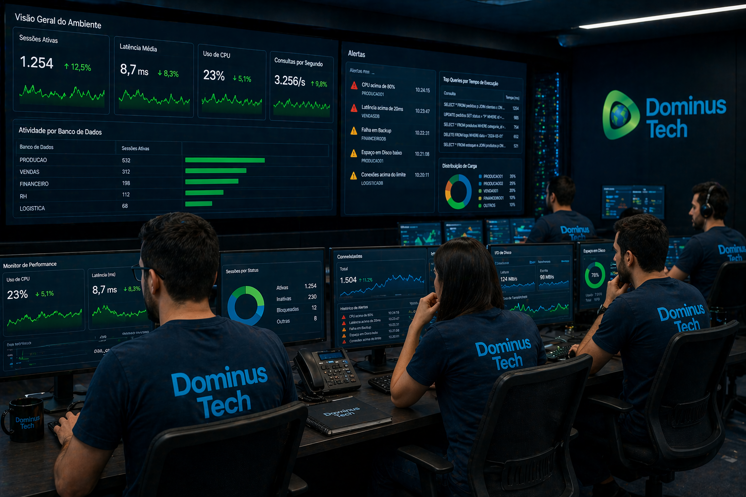 Equipe da Dominus Tech em NOC realizando monitoramento de banco de dados com dashboards exibindo sessões ativas, latência, CPU e alertas em tempo real.