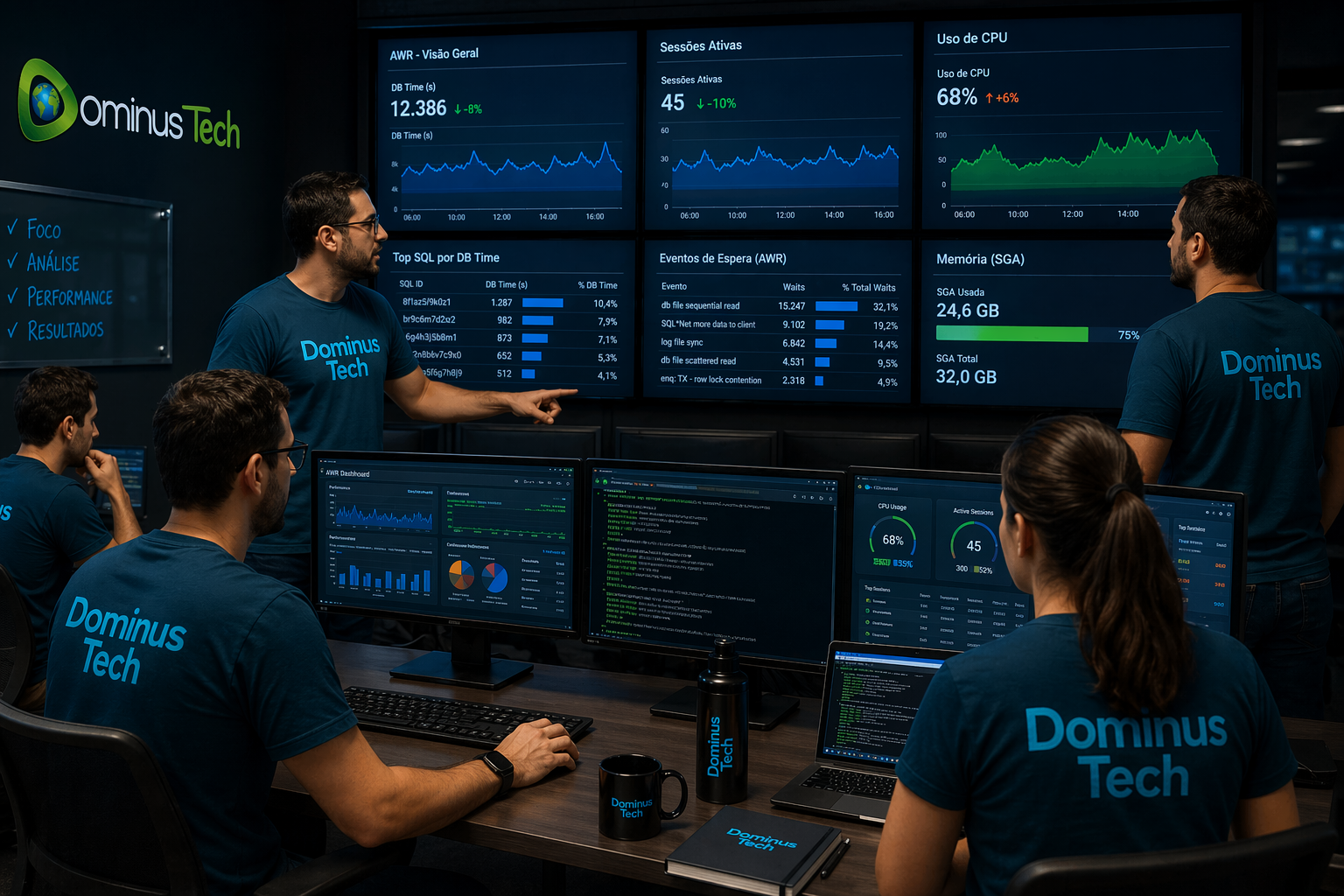 Equipe da Dominus Tech analisando métricas de performance Oracle em tempo real em sala de operações com dashboards exibindo AWR, sessões ativas e uso de CPU. DBA Oracle especialista.