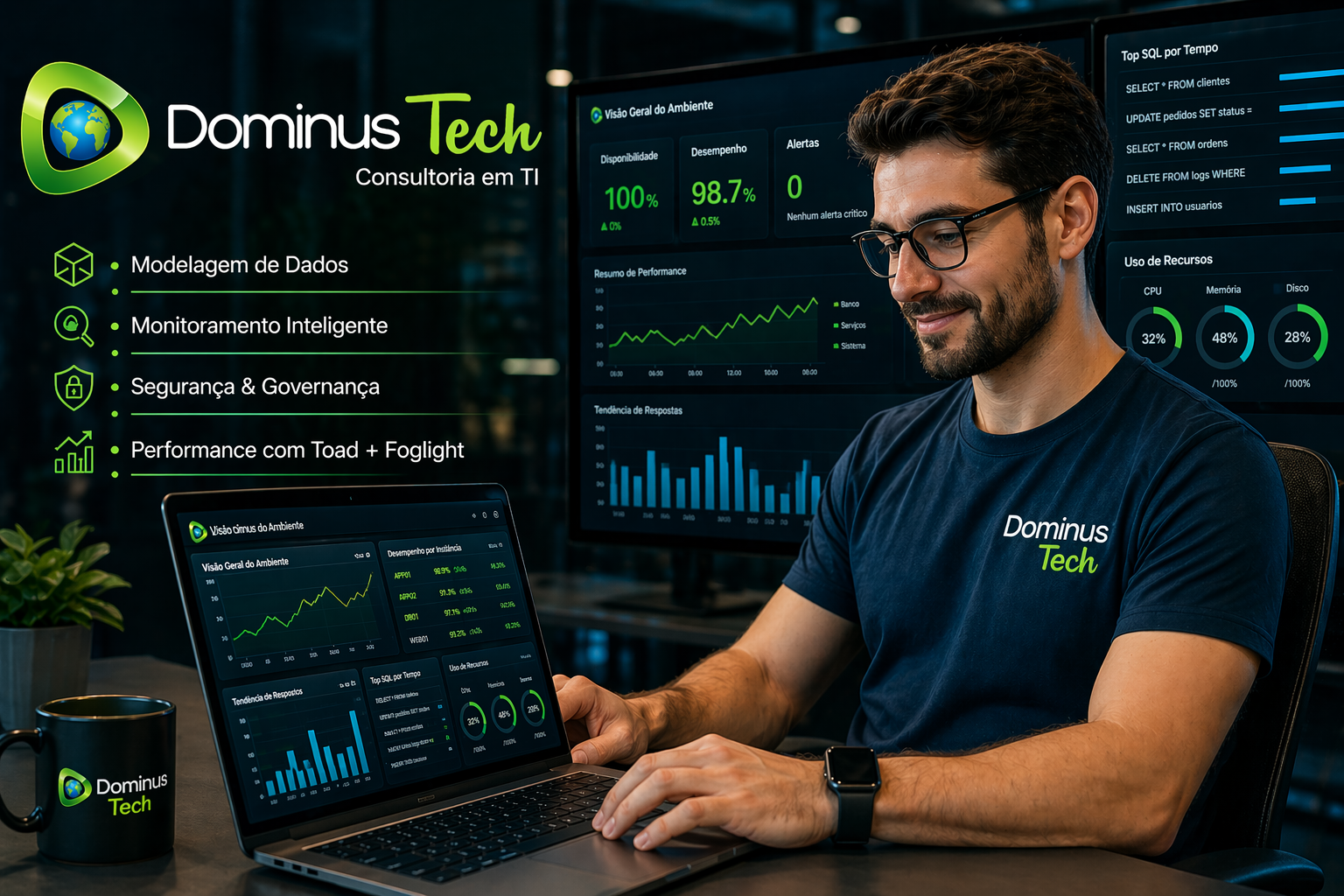 Transformação digital com monitoramento de TI, modelagem de dados e segurança corporativa Dominus Tech