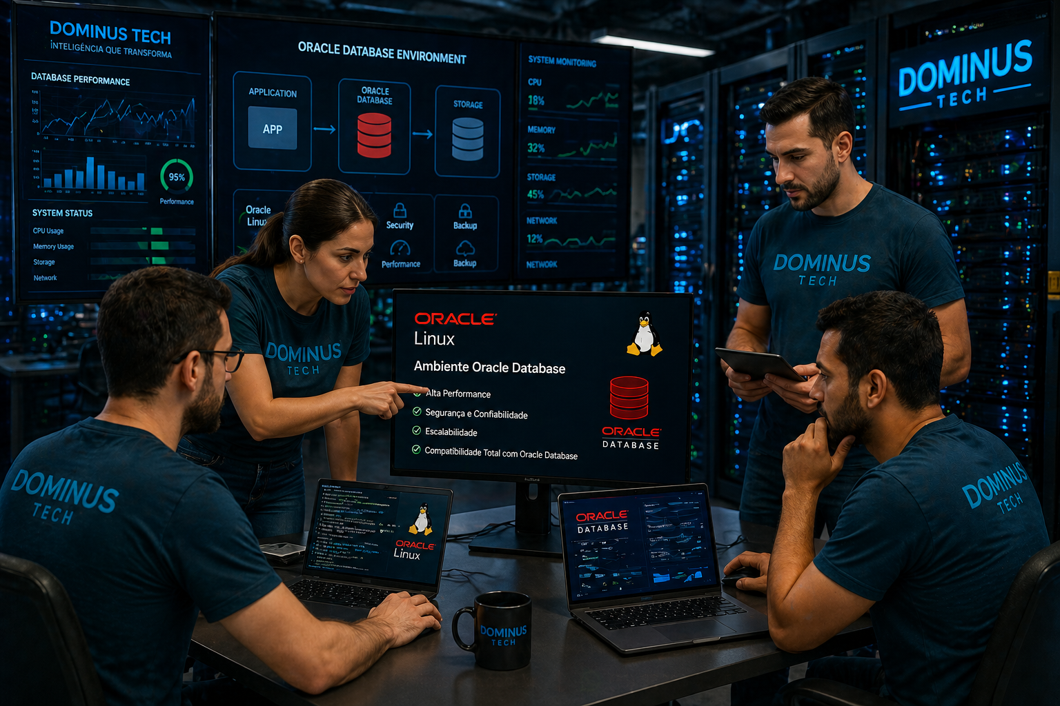 Equipe Dominus Tech configurando ambiente Oracle Linux para banco de dados em servidores, com profissionais analisando desempenho e segurança em data center moderno.
