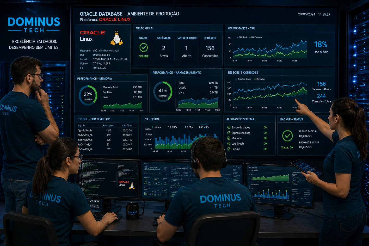 Equipe Dominus Tech monitorando performance de banco de dados Oracle em Oracle Linux com dashboards avançados em ambiente de data center.