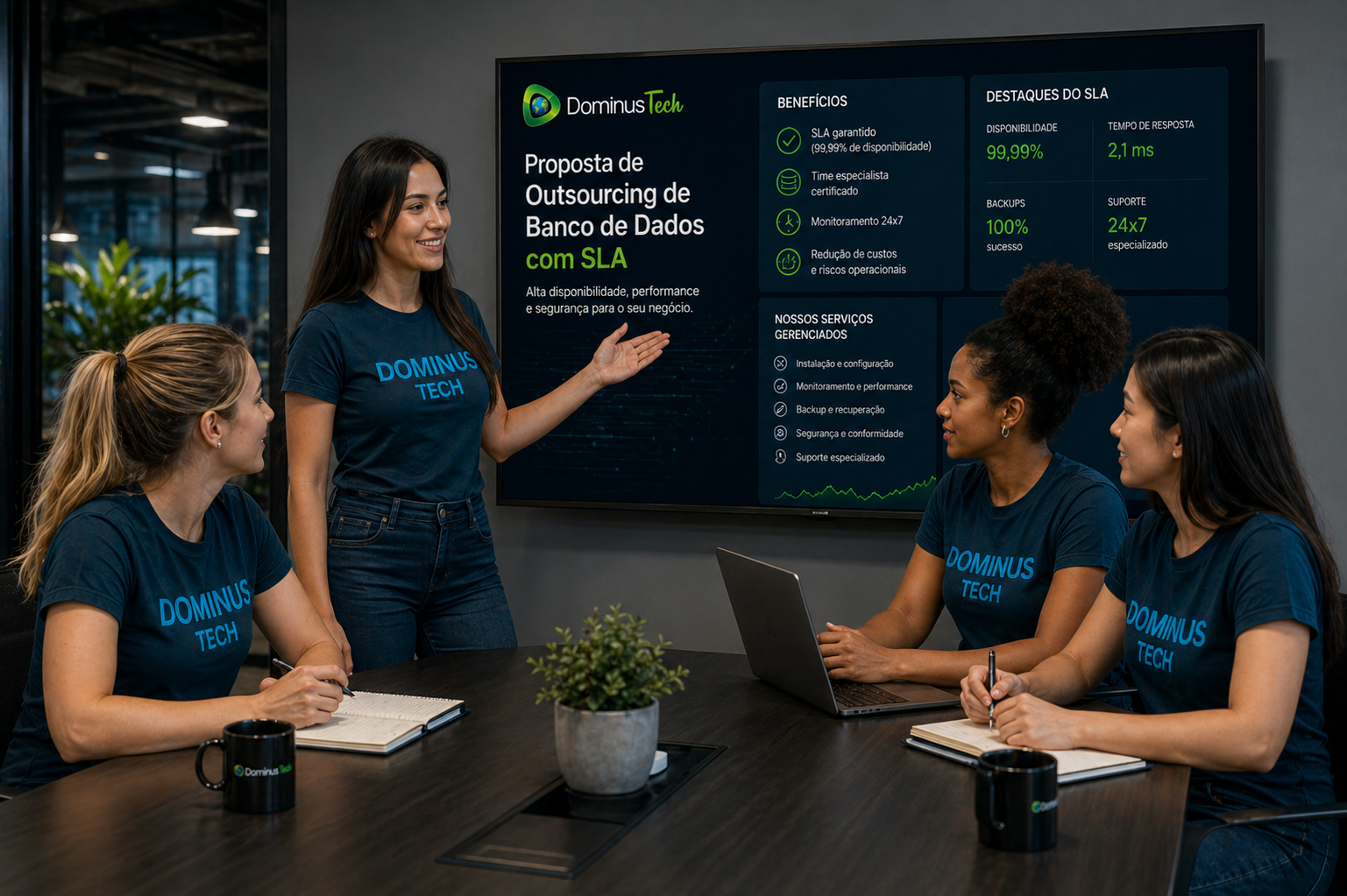 Equipe feminina da Dominus Tech apresentando proposta de outsourcing de banco de dados com SLA em reunião corporativa com dashboard exibindo métricas de performance.