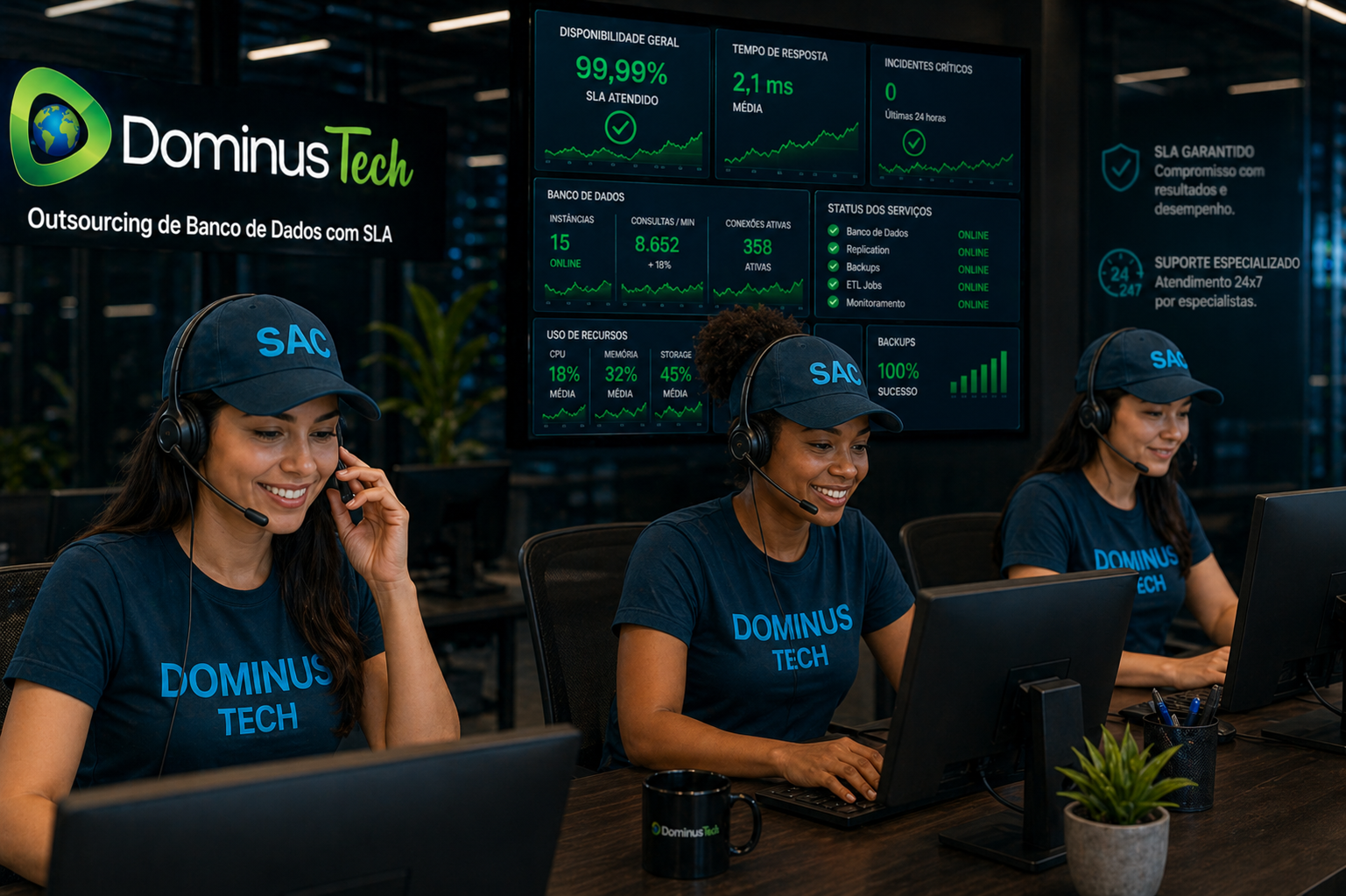 Equipe feminina da Dominus Tech realizando atendimento SAC em call center moderno, usando headsets e bonés com “SAC”, vestindo camisetas azul petróleo com logo Dominus Tech em azul claro, atendendo clientes com foco em outsourcing de banco de dados com SLA.