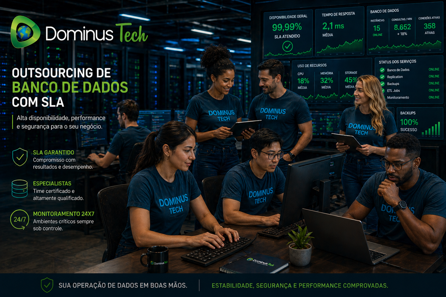 Equipe diversa da Dominus Tech trabalhando em data center monitorando dashboards de banco de dados com indicadores de SLA e alta disponibilidade. Outsourcing de banco de dados com HA