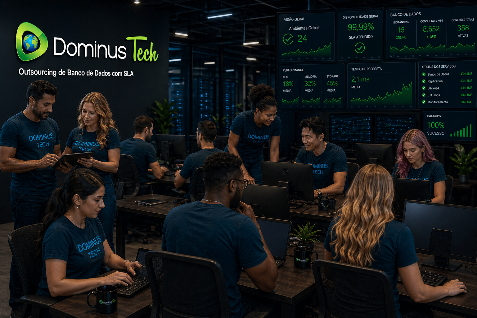 Equipe diversa da Dominus Tech utilizando camisetas azul petróleo com logotipo centralizado, operando múltiplos clientes simultaneamente em ambiente tecnológico com dashboards de banco de dados, monitoramento em tempo real e indicadores de SLA. Outsourcing de banco de dados com HA.